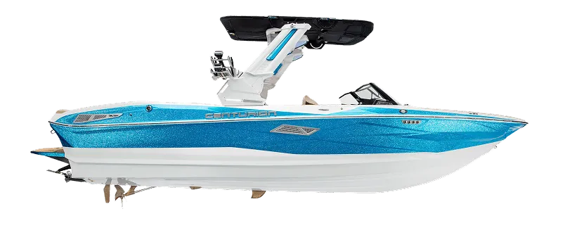 A blue and white Centurion Nv213 wake boat with a wakeboard tower, viewed from the side against a plain white background.