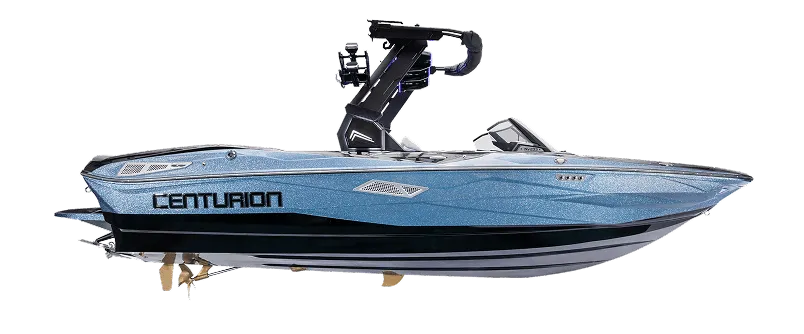 A blue Centurion Nv213 wake boat with a black wakeboard tower and silver accents, shown against a plain white background.