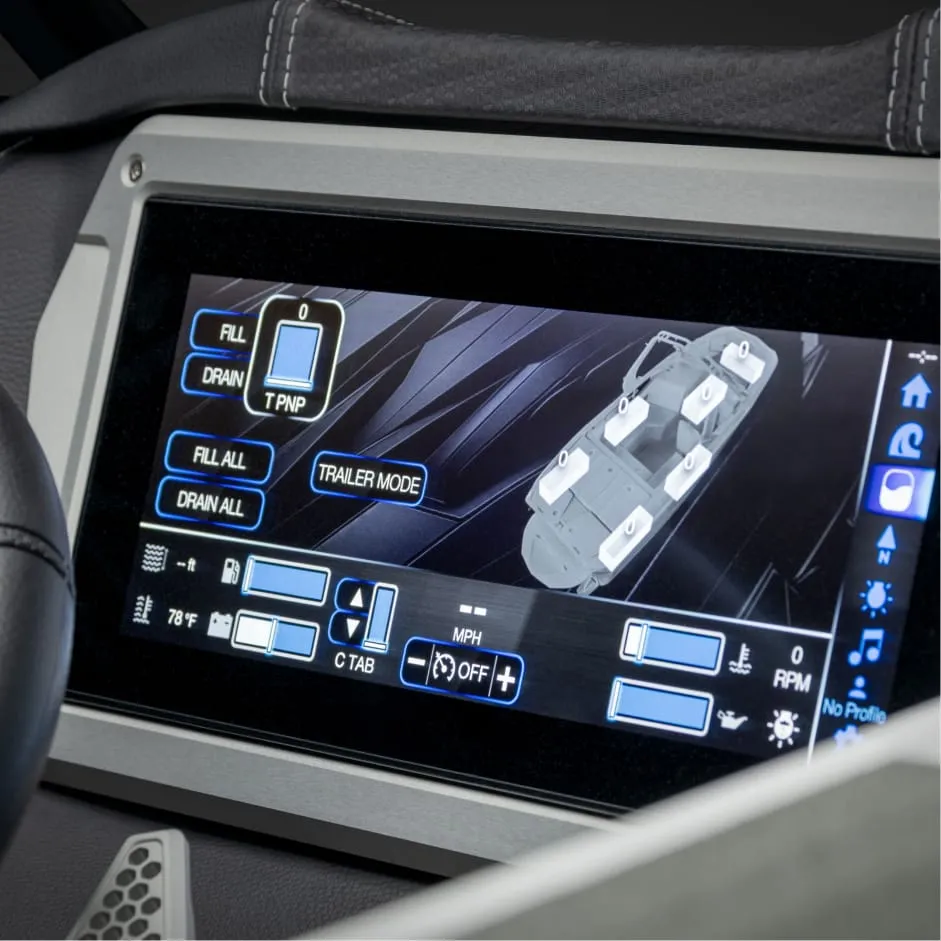 A screen displays a vehicle featuring Opti-V Hull technology.