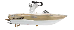 A gold and white Centurion motorboat with a wakeboard tower, shown from the side on a plain white background, highlights the sleek design of the latest Centurion Boat models.