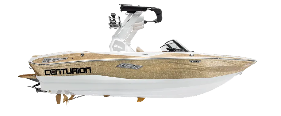 A gold and white Centurion motorboat with a wakeboard tower, shown from the side on a plain white background, highlights the sleek design of the latest Centurion Boat models.