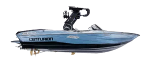 A blue Centurion speedboat, part of the 2026 Models, with a black wakeboard tower, viewed from the side against a white background.