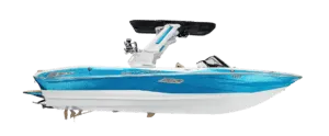A blue and white Centurion speedboat with a wakeboard tower and seating, viewed from the side against a white background—one of the latest Centurion Boat models perfect for water sports enthusiasts.