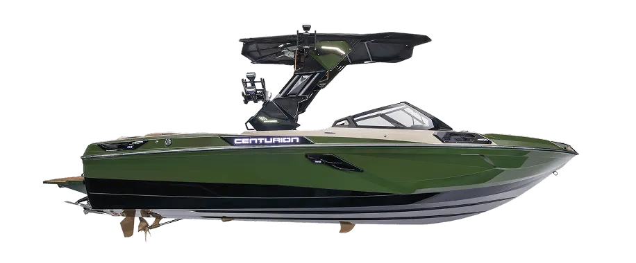 A green Centurion wakeboard boat with black and white accents, a tower featuring speakers and racks, is shown from the side on a white background—showcasing the sleek design of Centurion Surf Boats.