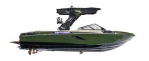 A green 2026 Centurion powerboat with a black wakeboard tower and tinted windshield, shown from the side on a white background.
