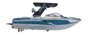A blue and gray Centurion speedboat with a wakeboard tower and open bow, shown isolated on a white background—an impressive example from the latest Centurion Boats lineup.