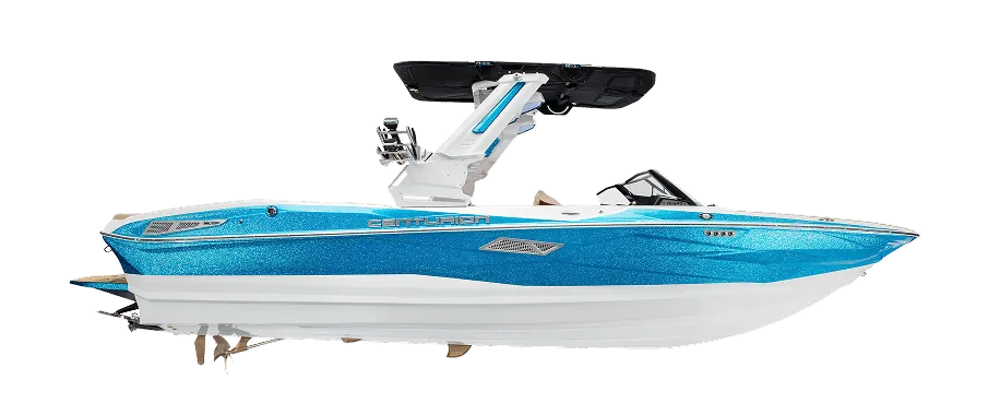 A blue and white Centurion Surf Boat with a wakeboard tower and modern design, displayed on a plain white background.