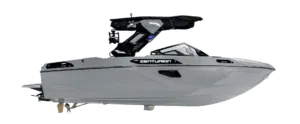 Side view of a modern gray Centurion powerboat with a black wakeboard tower against a white background.