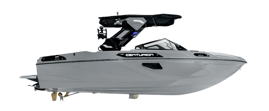 Side view of a modern gray Centurion powerboat with a black wakeboard tower against a white background.