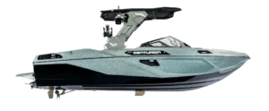 Side view of a modern Centurion speedboat with a metallic finish, black and silver detailing, and a wakeboard tower set against a plain white background.