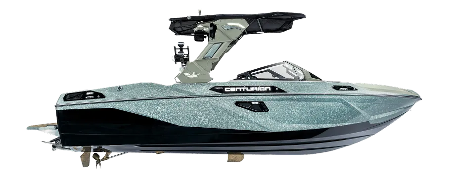 Side view of a modern Centurion speedboat with a metallic finish, black and silver detailing, and a wakeboard tower set against a plain white background.