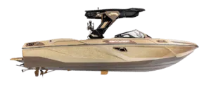 A metallic gold Centurion speedboat with black accents and a wakeboard tower, viewed from the side against a white background.