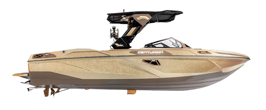 A metallic gold Centurion speedboat with black accents and a wakeboard tower, viewed from the side against a white background.