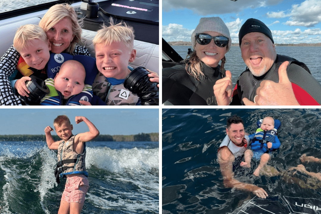 A collage of people enjoying water activities: a group on a boat, two people smiling in wetsuits, a boy flexing on a wakeboard, and a man swimming with a baby wearing a life jacket.