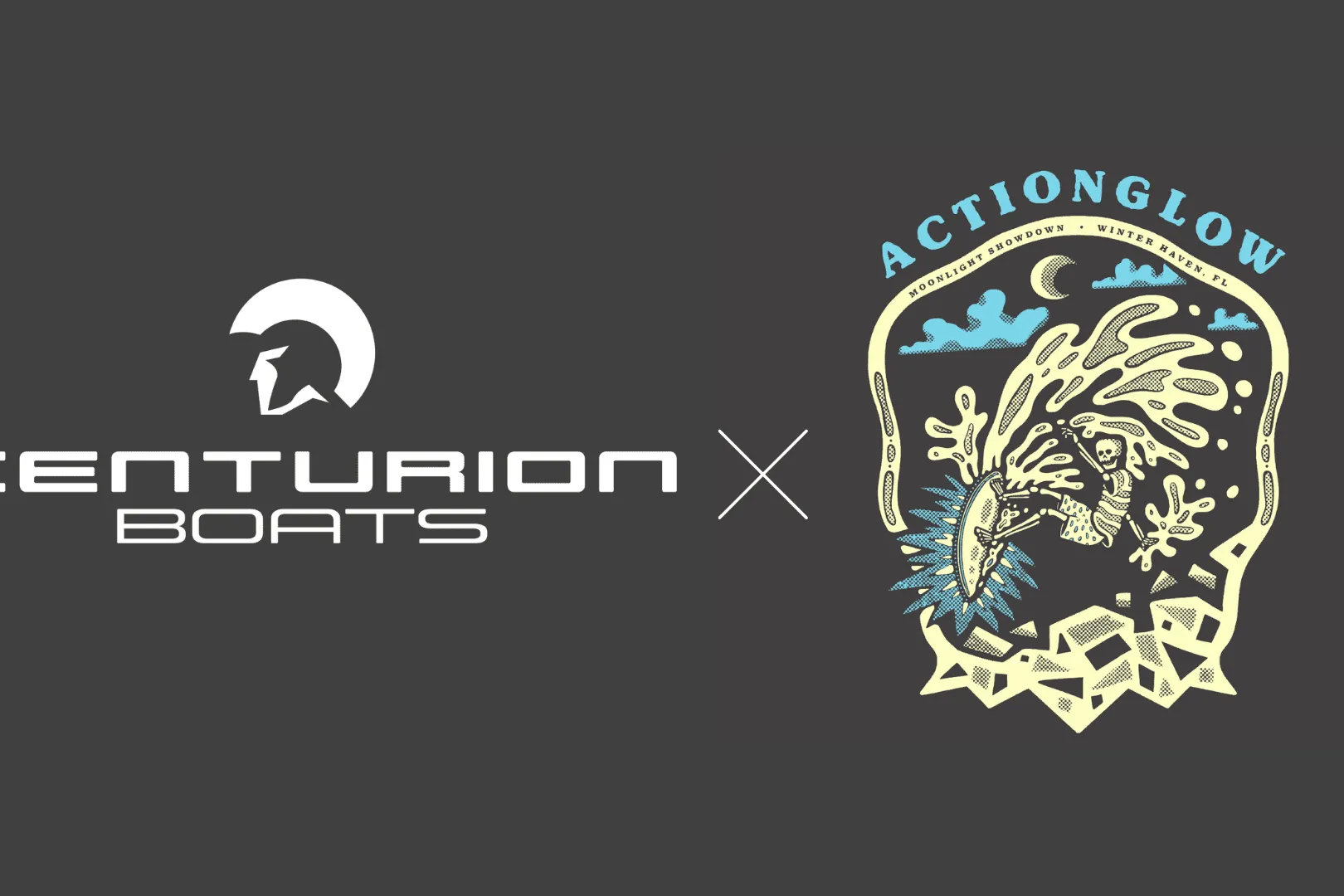 Centurion Boats and ActionGlow logos on a dark background, separated by a white “X” to indicate collaboration or partnership.