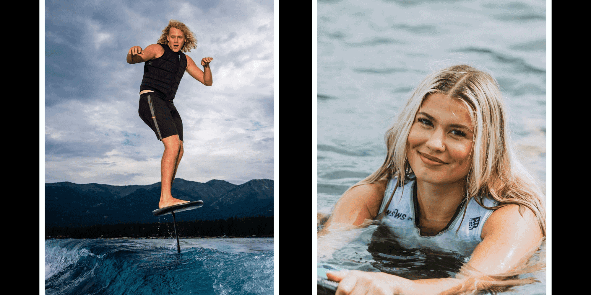 A split image showing a person foil surfing on a lake and a close-up of a smiling woman in the water.