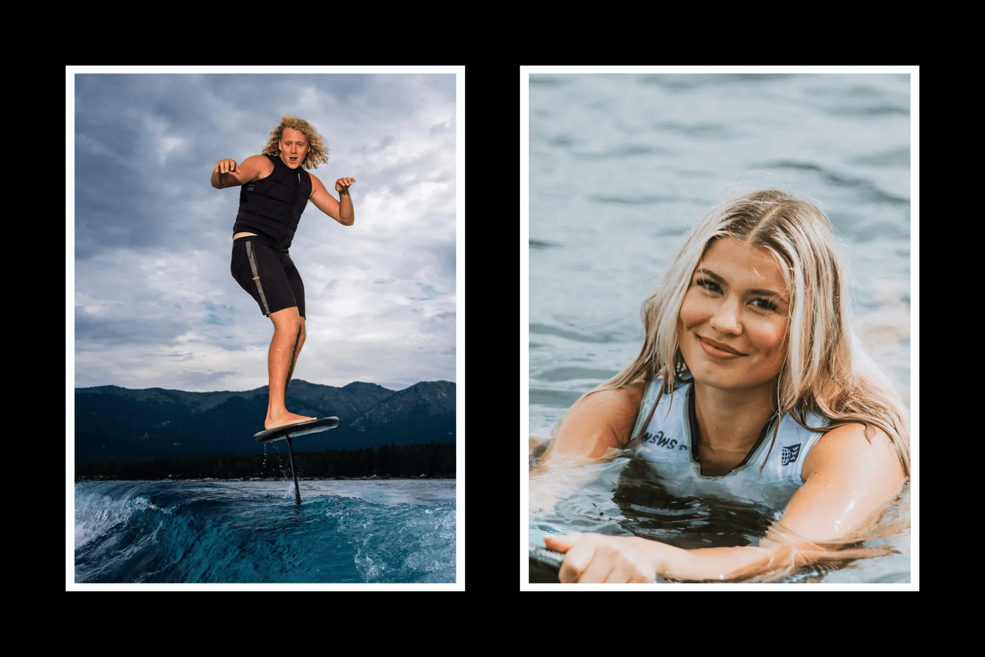 A split image showing a person foil surfing on a lake and a close-up of a smiling woman in the water.