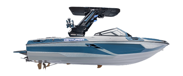 A blue and gray Centurion Ri245 Surf Boat with a black wakeboard tower, photographed from the side against a white background.