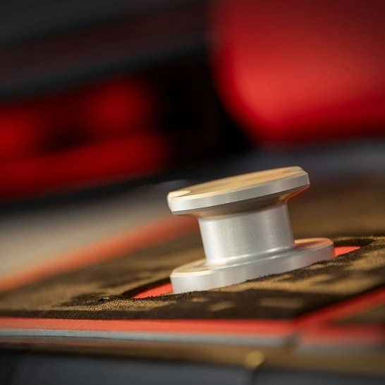 Close-up of a metallic round button or knob set in a panel with a red and black background, showcasing the Features Personal design from the Ri Series.