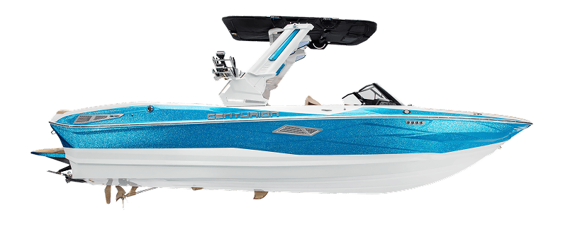 A blue and white Centurion Nv213 wake boat with a wakeboard tower, viewed from the side against a plain white background.