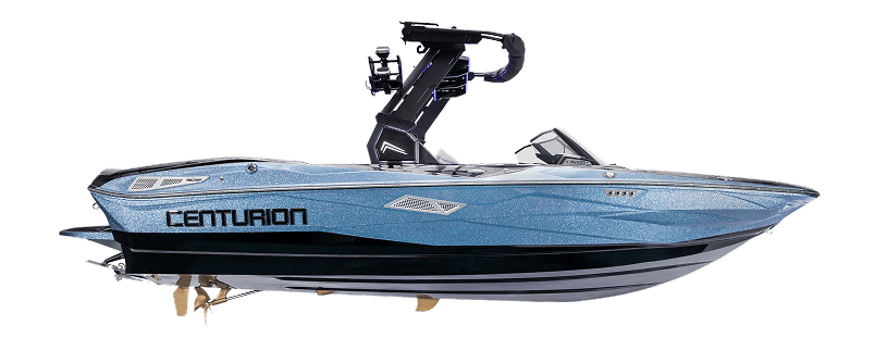 A blue Centurion Nv213 wake boat with a black wakeboard tower and silver accents, shown against a plain white background.