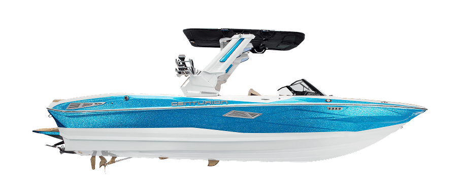 A blue and white Centurion Surf Boat with a wakeboard tower and modern design, displayed on a plain white background.