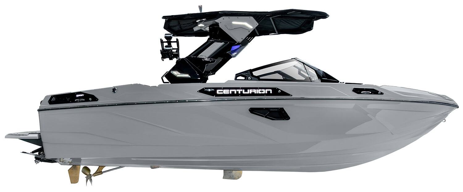 Side view of a modern gray Centurion speedboat with black canopy, wakeboard rack, and tinted windows, isolated on a white background.