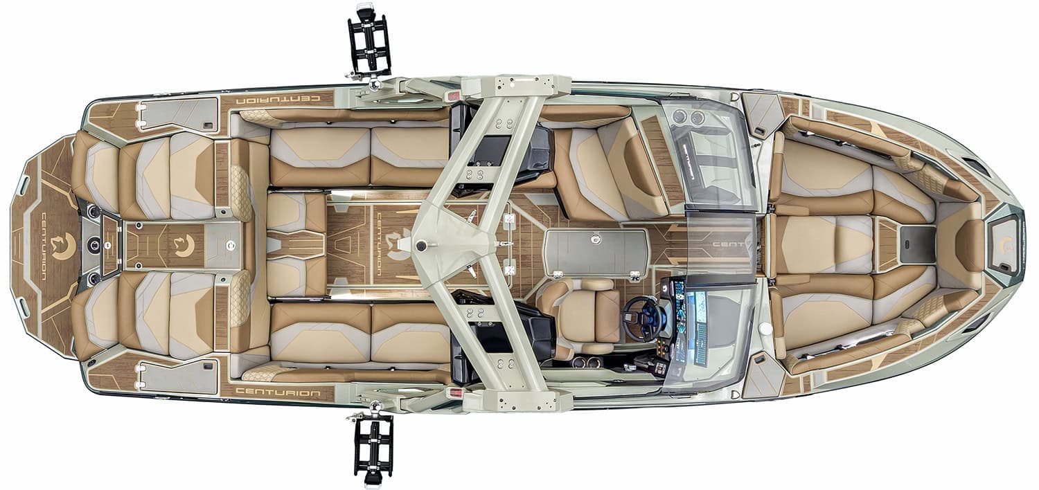 Top-down view of a luxury speedboat with tan seating, dual consoles, wakeboard racks, and a central walkthrough, featuring the CENTURION logo on several surfaces.