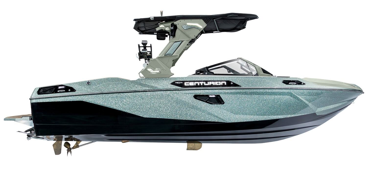 A modern Centurion speedboat with a metallic light green and black hull, closed cockpit, and elevated tower, viewed from the side against a white background.