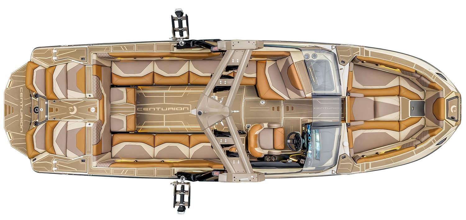 Top-down view of a tan and brown Centurion speedboat with multiple cushioned seats, open bow seating, and visible steering console.