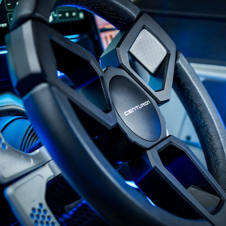 Close-up of a steering wheel with the word 