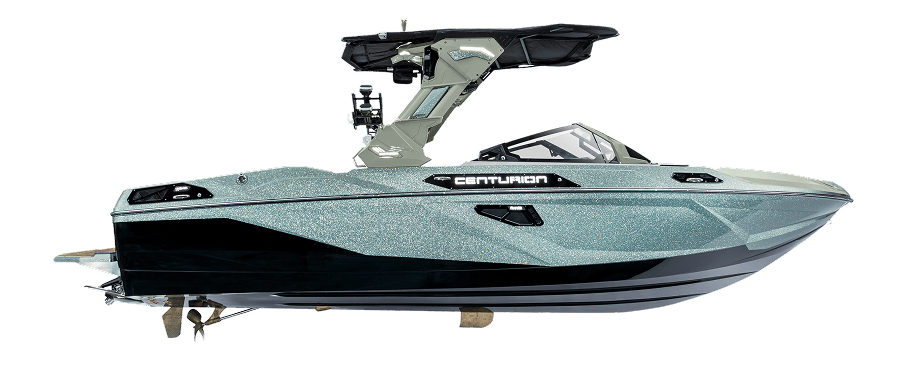 Side view of a modern Centurion speedboat with a metallic finish, black and silver detailing, and a wakeboard tower set against a plain white background.