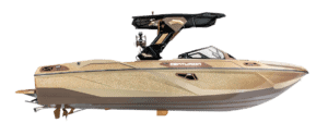 A metallic gold Centurion speedboat with black accents and a wakeboard tower, viewed from the side against a white background.
