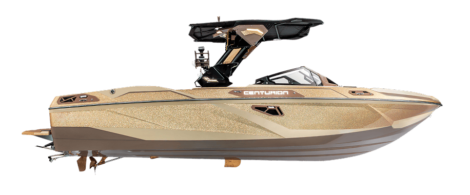 A metallic gold Centurion speedboat with black accents and a wakeboard tower, viewed from the side against a white background.