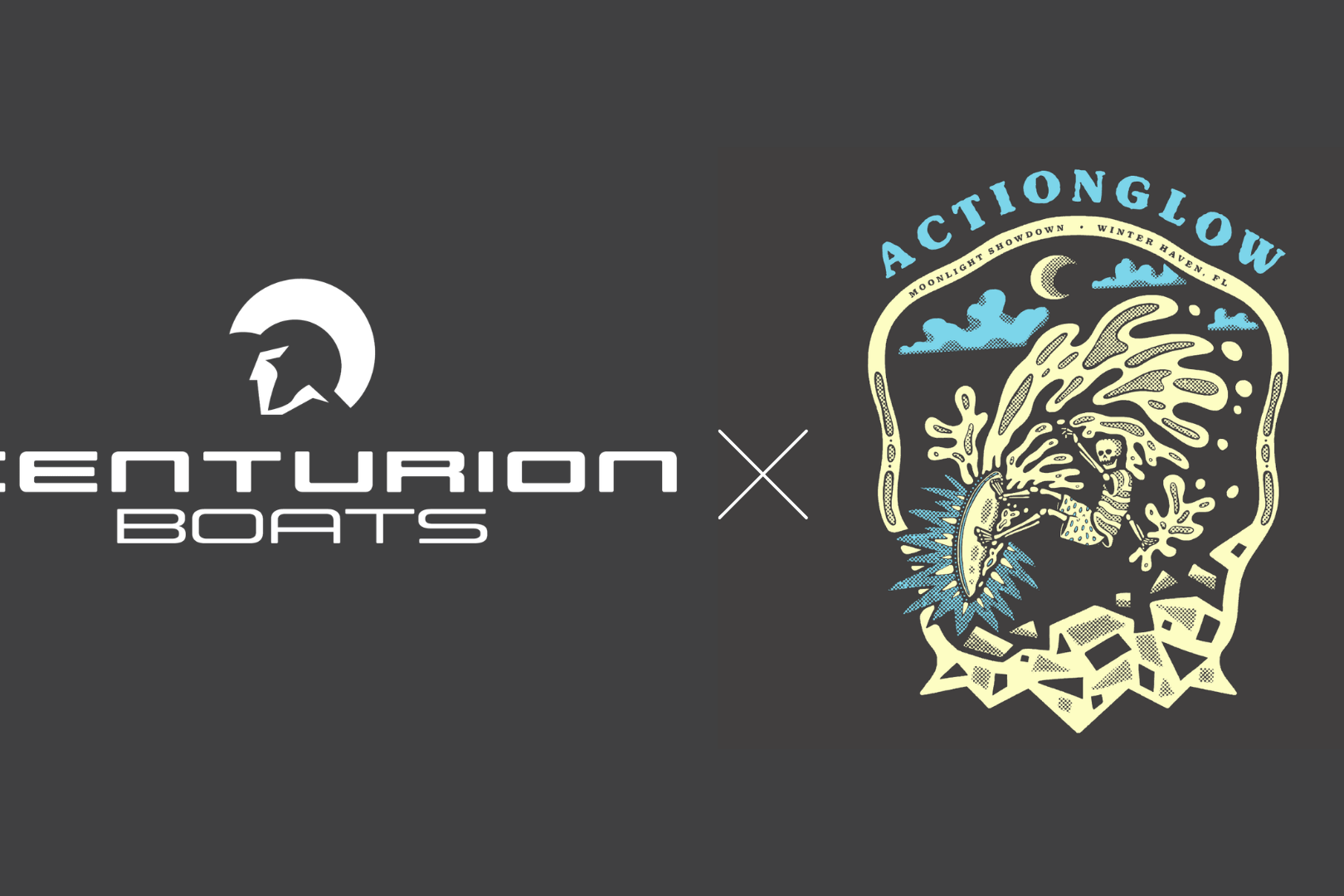 Centurion Boats and ActionGlow logos on a dark background, separated by a white “X” to indicate collaboration or partnership.