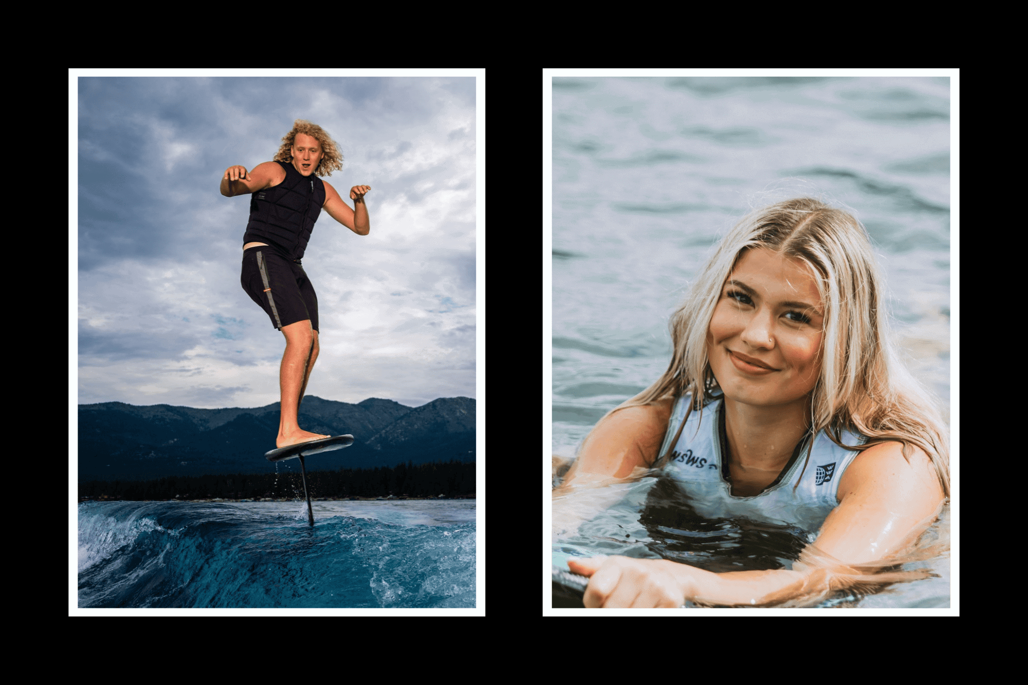 A split image showing a person foil surfing on a lake and a close-up of a smiling woman in the water.