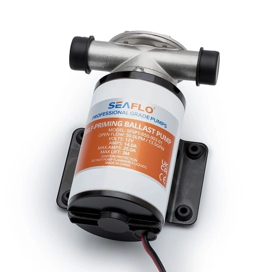 A SEAFLO Nv Series self-priming ballast pump with wiring and mounting bracket, labeled with technical specifications and model number. Features personal customization options for versatile use.
