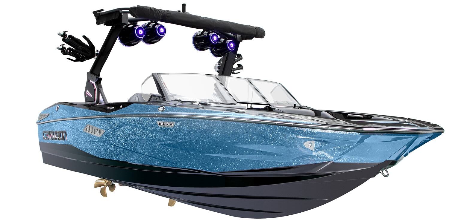 A blue, modern Centurion Nv233 wakeboard boat with black trim, overhead speakers, and a glass windshield, isolated on a white background.
