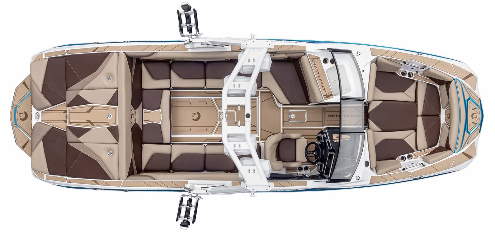 Top-down view of a modern Centurion Nv243 speedboat with tan and brown cushioned seating, a steering console, and wakeboard racks on both sides.