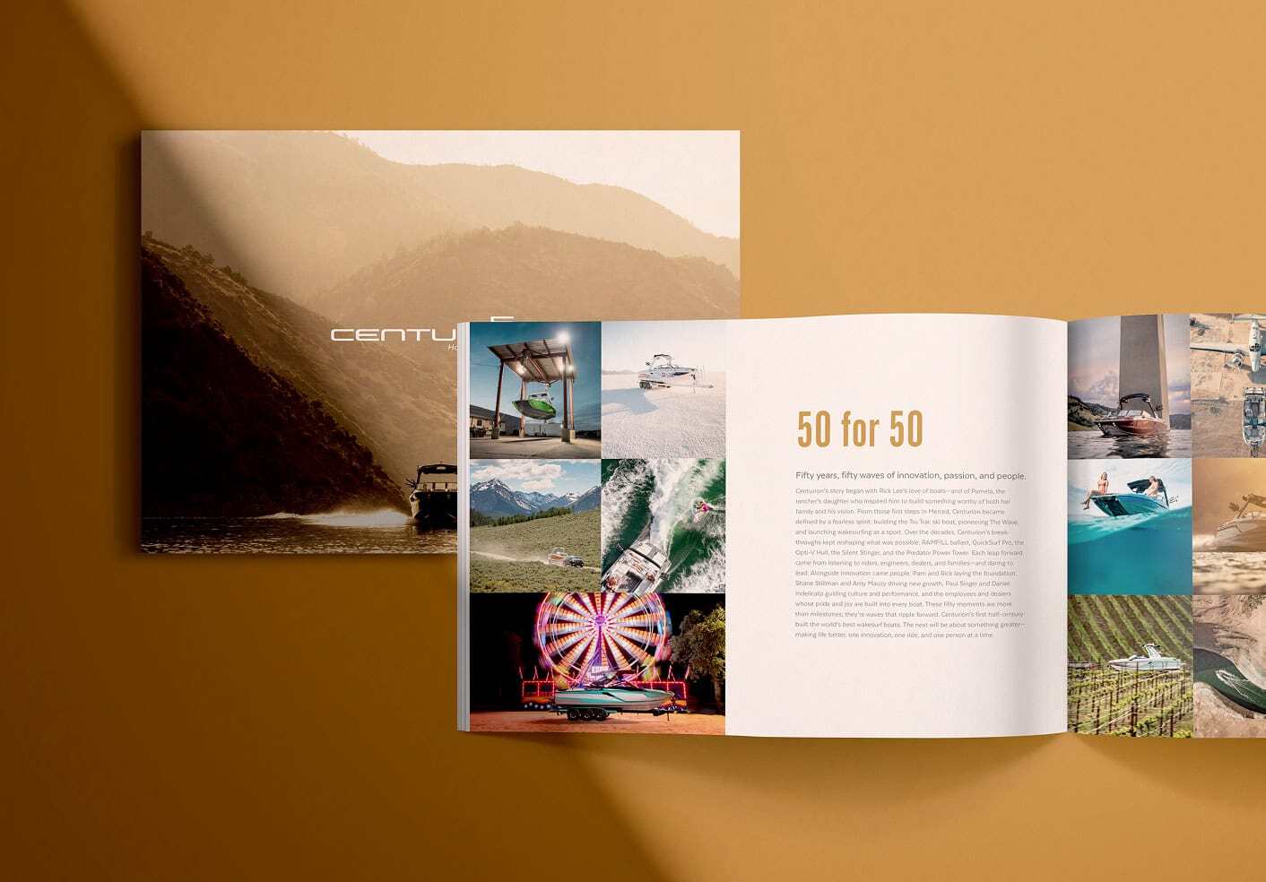 Open brochure on a brown surface featuring outdoor adventure images, a ferris wheel, boats, and an article titled 