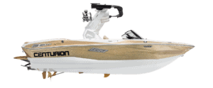 A gold and white Centurion motorboat with a wakeboard tower, shown from the side on a plain white background, highlights the sleek design of the latest Centurion Boat models.