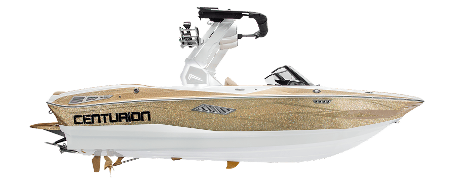 A gold and white Centurion motorboat with a wakeboard tower, shown from the side on a plain white background, highlights the sleek design of the latest Centurion Boat models.