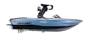 A blue Centurion speedboat, part of the 2026 Models, with a black wakeboard tower, viewed from the side against a white background.