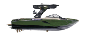 A green 2026 Centurion powerboat with a black wakeboard tower and tinted windshield, shown from the side on a white background.