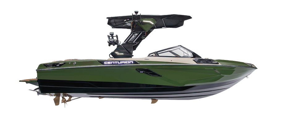 A green 2026 Centurion powerboat with a black wakeboard tower and tinted windshield, shown from the side on a white background.