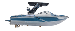 A blue and gray Centurion speedboat with a wakeboard tower and open bow, shown isolated on a white background—an impressive example from the latest Centurion Boats lineup.