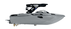 Side view of a modern gray Centurion powerboat with a black wakeboard tower against a white background.