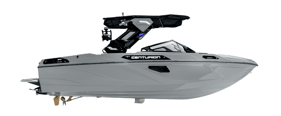 Side view of a modern gray Centurion powerboat with a black wakeboard tower against a white background.