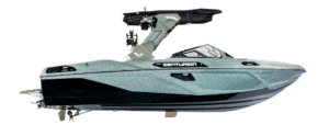 Side view of a modern Centurion speedboat with a metallic finish, black and silver detailing, and a wakeboard tower set against a plain white background.