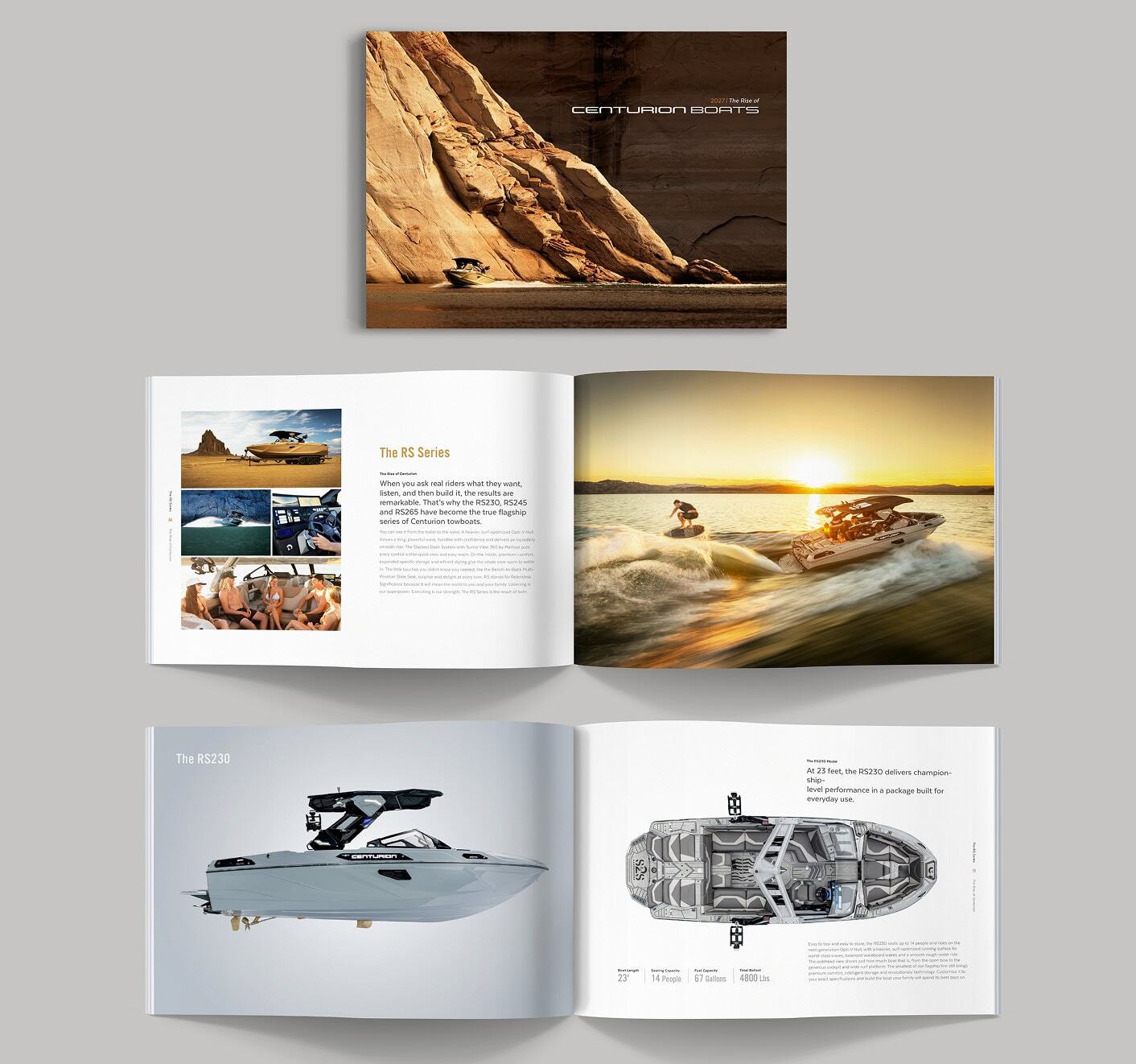 Centurion Boats brochure cover and open spreads showing boat photographs, specifications and a deck layout diagram.